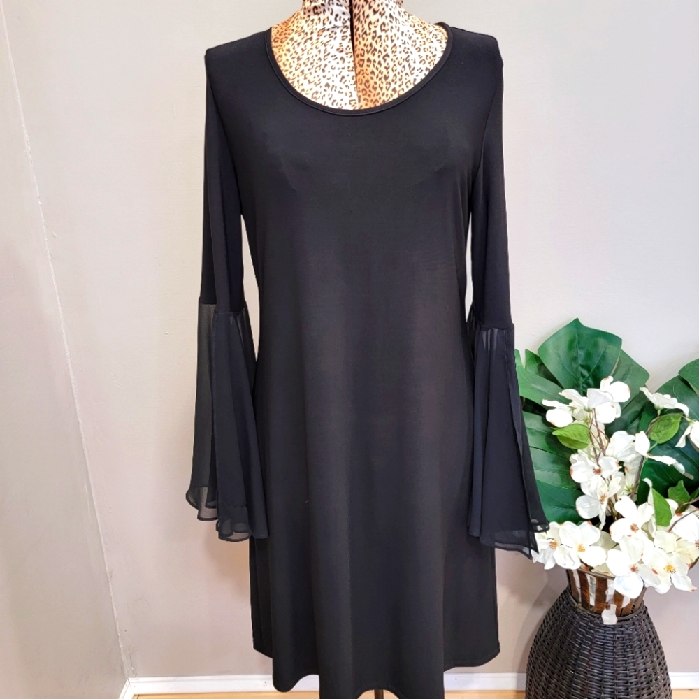 Black Chiffon Bell Sleeve Midi Shift Dress